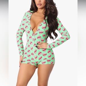 Green Heart Candy Print Long Sleeve Lingerie Lounge Romper.